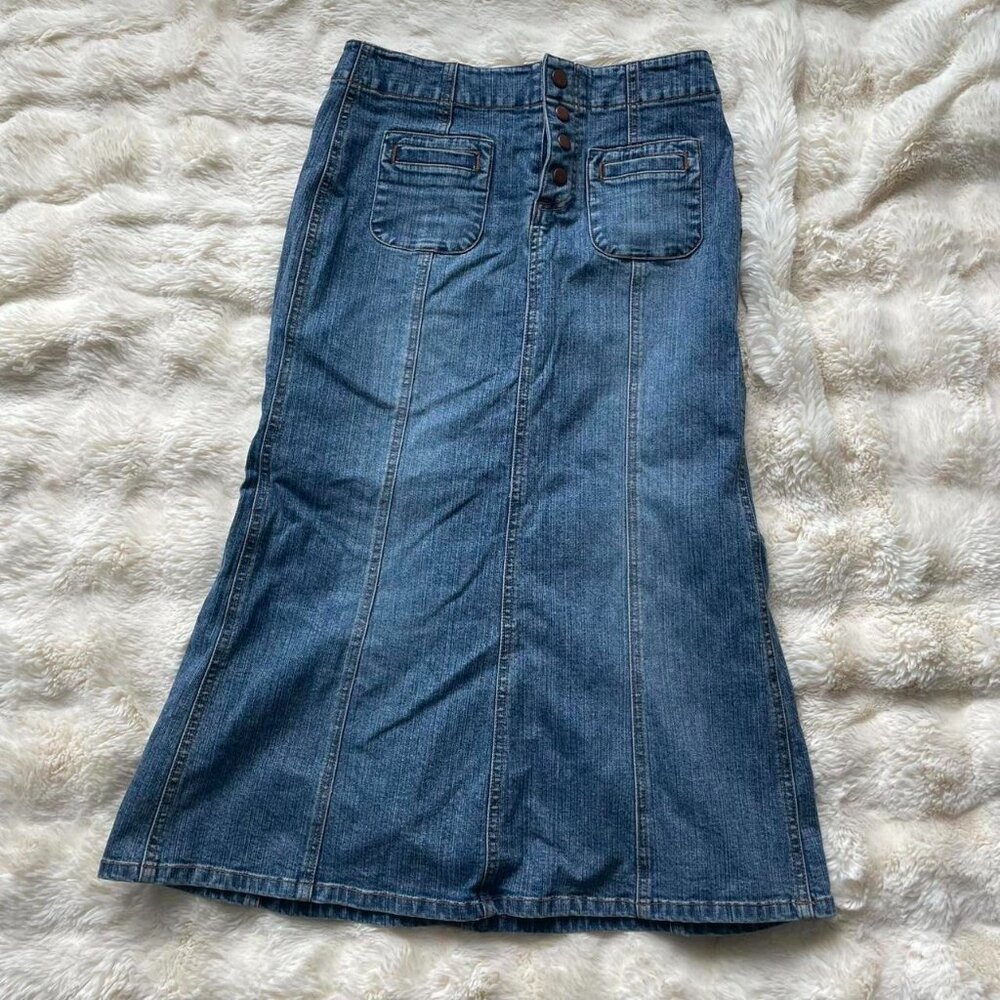 GAP Y2K Low Rise Trumpet Style Denim Midi Skirt